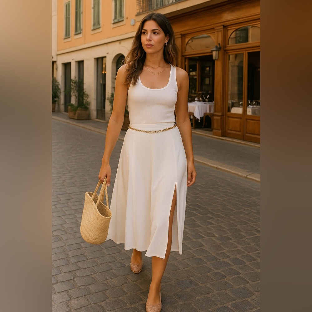 Aritzia Cream Midi Skirt with Side Slit